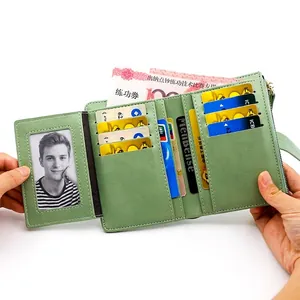 Light green PU leather trifold wallet for women with card slots and zipper pocket