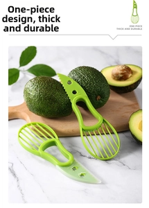 Detailed view of the 3-in-1 avocado slicer and pitter tool on a kitchen counter