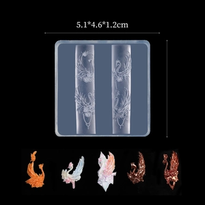 Detailed macro view of swan relief silicone nail art mold and its resin finished pieces