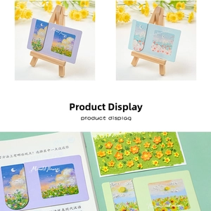 Close-up of magnetic bookmarks featuring impressionist oil painting floral and sunset designs