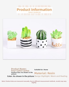 Detail view of four mini artificial resin succulents in white pots with hello patterns