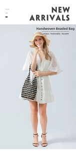 Professional model in a white lace dress showcasing a handmade woven wood bead bag.