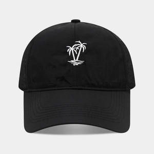 Classic black breathable baseball cap with white coconut tree embroidery and eyelets