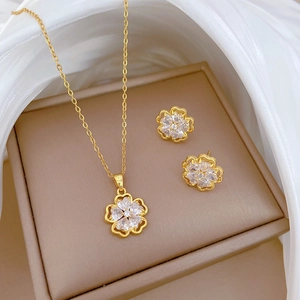 Flower Necklace And Earrings Zircon Copper Gold Plated Titanium Steel Chain Silver Earring Post Elegant Jewelry Women