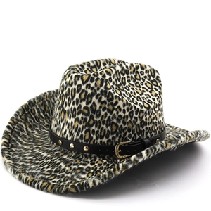 Leopard Print Cowboy Hat Faux Fur Polyester Western Wide Brim Leather Band Rivets Cosplay Stage For Men Women