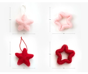 Four-panel view showing 7cm red and pink wool felt star ornaments in solid and hollow designs