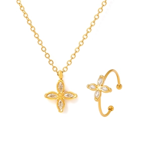 Elegant Flower Necklace And Open Ring Titanium Steel 18K Gold Plated Zircon Inlay Jewelry For Women