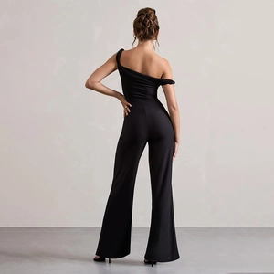 Chic black one-shoulder jumpsuit with wide-leg cut and slim fit design for women