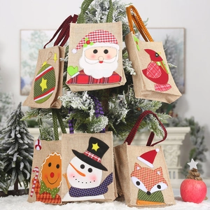 Christmas Burlap Gift Bags Handheld Jute Candy Pouch Cartoon Santa Snowman Applique For Holiday Party Decoration