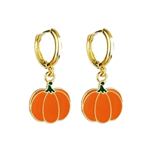 Close-up of gold hoop earrings featuring vibrant orange pumpkin pendants for Halloween