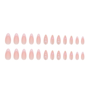 Pink French ombre almond press-on nails with heart patterns, full set of 24 pieces