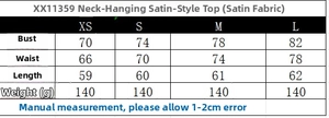 Size guide for women's satin halter neck top with chest, waist, and length in cm