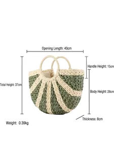 Handwoven straw beach tote bag in beige and green, dimensions 40x28x8cm for summer travel