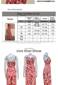 Size chart detail for high waist floral print jumpsuit showing measurements from S to XL