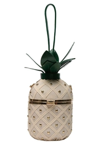 Quirky pineapple-shaped crossbody bag in cream white with green leaves and gold rivets