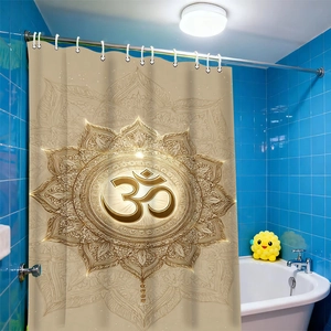 Detailed view of mandala pattern with Om symbol on gold polyester shower curtain with hooks