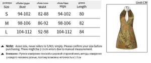Detailed size chart for the printed backless mini dress with bust and waist measurements