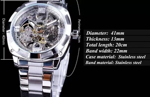 Detailed specs of the skeleton automatic mechanical watch in silver stainless steel