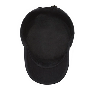 Classic black cotton flat top military cap with adjustable brass buckle and vintage finish