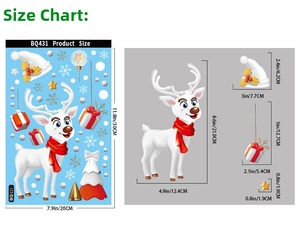 Size chart for Christmas window stickers showing reindeer and ornament dimensions