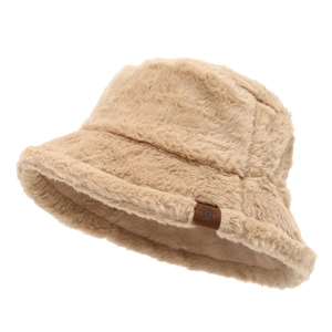 Khaki plush bucket hat with snowflake leather patch for outdoor winter warmth and style