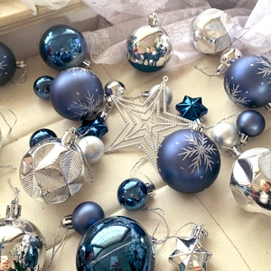 Blue and silver Christmas ball ornaments featuring snowflake patterns and mixed textures