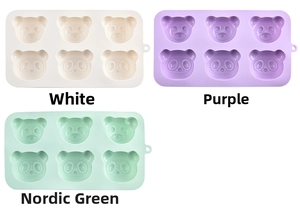 Detailed view of 6-cavity cute bear silicone cake molds in white, purple and green colors