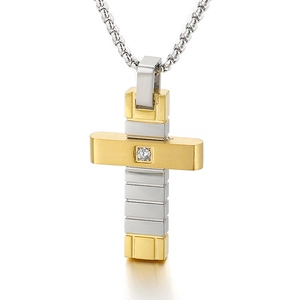 Collier avec pendentif croix en acier inoxydable bicolore argenté et doré avec cristal
