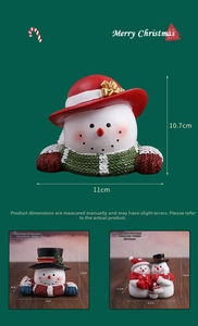 Close-up of resin Christmas snowman figurines showing detailed hand-painted textures and sizes