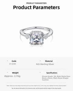 Detailed macro of S925 sterling silver ring with 5A cushion-cut zircon and silver stamps