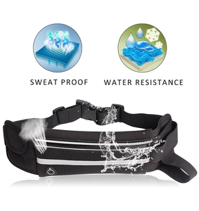 Detailed view of sweat-proof running belt featuring headphone port and reflective strip