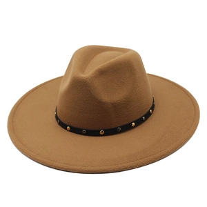 Classic tan wool fedora with 9.5cm wide brim and metallic stud decorative band