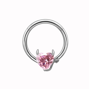 Pink heart nipple ring with devil horns and tail in polished silver stainless steel