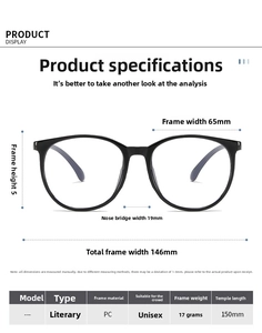 Detail view of large frame glasses showing 146mm width and 150mm temple length specs