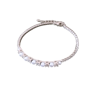 Silver pearl and cubic zirconia tennis bracelet with adjustable chain and lobster clasp