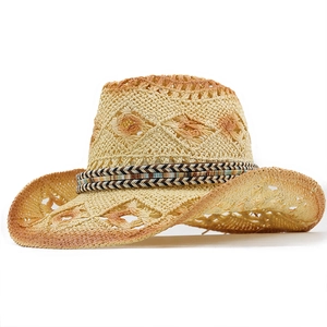 Women's woven straw cowboy hat with hollow gradient design and wide brim style