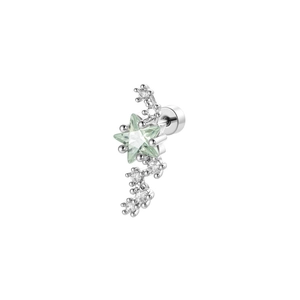 Clou d'oreille étoile en argent avec gemme vert clair et queue de cristal scintillante
