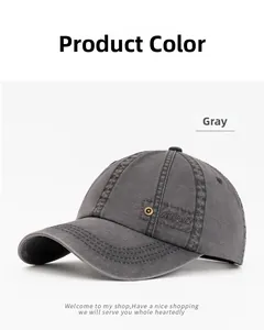 Detail view of washed grey cotton baseball cap with Mowais embroidery and metal buckle