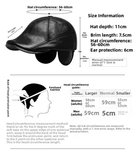 Size chart for genuine leather newsboy cap with ear protection and size measurements