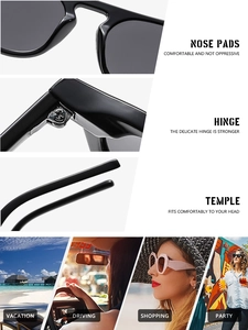 Detail shots of comfortable nose pads and hinges on retro black square sunglasses