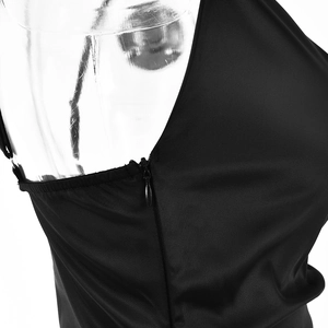 Detail view of the hidden side zipper and stitching on this black formal evening gown