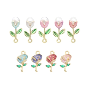 Handmade gold alloy floral charms with enamel tulip and rose designs with pearls