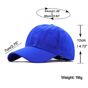 Blue quick-dry baseball cap with laser-perforated holes and adjustable size guide