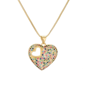 Gold plated heart pendant necklace with multi-color cubic zirconia micro-inlay stones