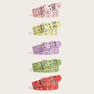 Close-up of five colorful sequin punk belts with double grommets and metal star details