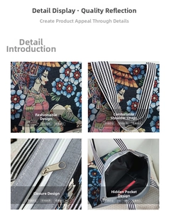 Artistic canvas tote detail featuring zip closure, inner pocket, and striped straps