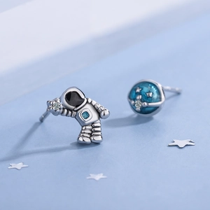 Cute astronaut and blue planet mismatched earrings in S925 silver with sparkling cubic zirconia