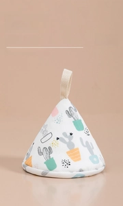 Detail of fabric pot lid cover with colorful cactus pattern and top hanging loop