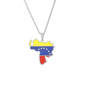 Detailed macro view of Venezuela map pendant with colorful flag enamel and silver chain