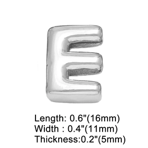 Detailed 3D silver letter E pendant showing dimensions 16mm by 11mm for DIY bracelets